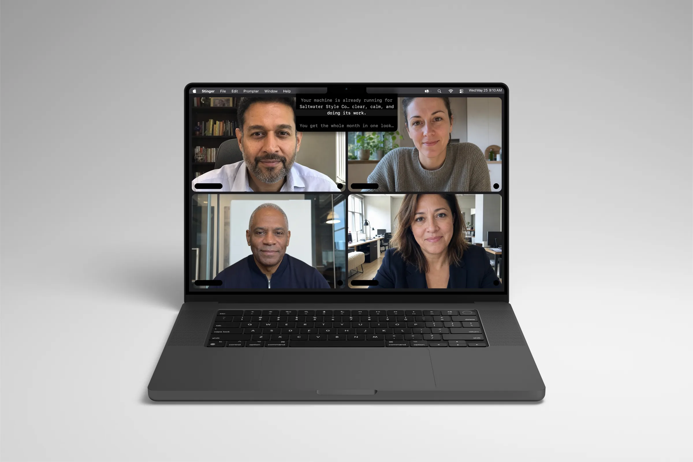 Stinger on a MacBook Pro during a four-person video call — the prompter strip sits under the notch, the script a couple of degrees from the lens
